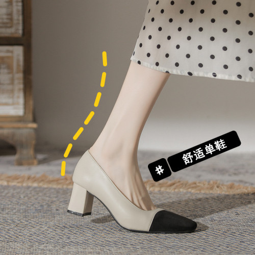 真皮牛皮拼色小香風粗跟單鞋女中跟淺口法式高跟鞋大碼女鞋41一43