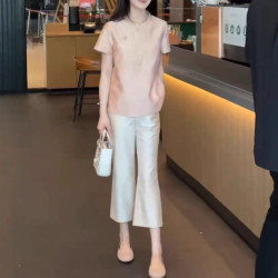 25536大愛美依緣2025夏季新款粉色中式國風寬松上衣高腰直筒褲女
