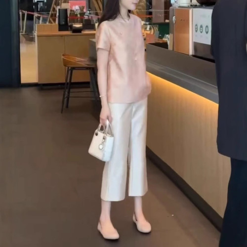 25536大愛美依緣2025夏季新款粉色中式國風寬松上衣高腰直筒褲女