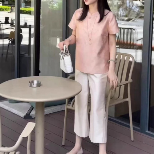 25536大愛美依緣2025夏季新款粉色中式國風寬松上衣高腰直筒褲女