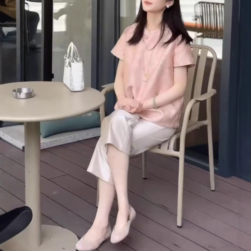 25536大愛美依緣2025夏季新款粉色中式國風寬松上衣高腰直筒褲女