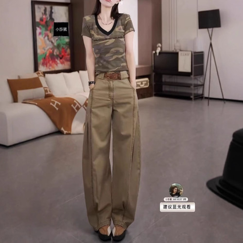 25521大愛美依緣2025夏季新款美式復古迷彩短袖T恤休閒工裝褲女潮