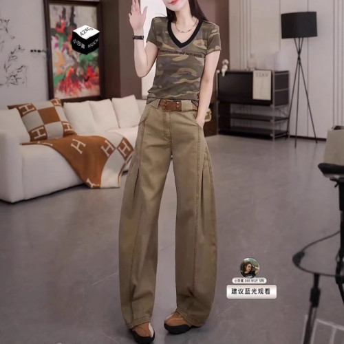 25521大愛美依緣2025夏季新款美式復古迷彩短袖T恤休閒工裝褲女潮