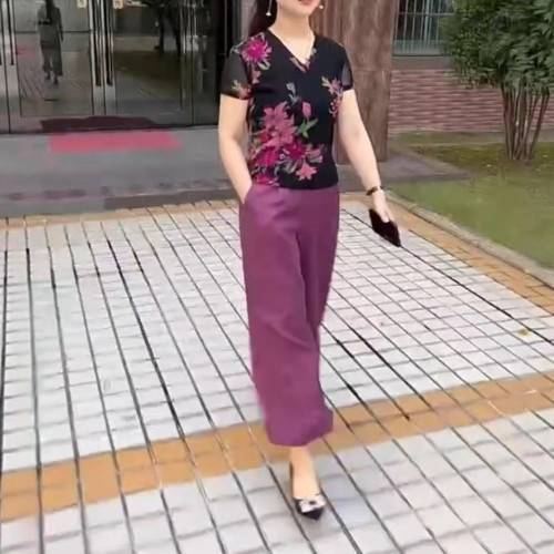 25518大愛美依緣2025夏季新款V領短袖印花小衫高腰九分褲洋氣顯瘦