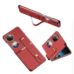 適用華爲POCKET 2腕帶真皮支架手機殼 p50 POCKET S電鍍保護硬殼