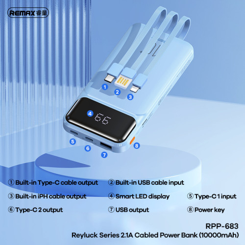 REMAX睿意2.1A自帶三線10000mAh行動電源LED數顯4出行動電源RPP-683