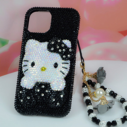 適用iPhone11 121314proMax黑色KT貓蘋果78plus Xs 6XR手機殼水鑽