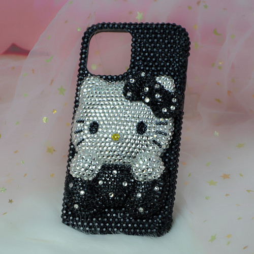 適用iPhone11 121314proMax黑色KT貓蘋果78plus Xs 6XR手機殼水鑽