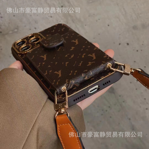 高級翻蓋斜背插卡手機殼適用蘋果15ProMax全包皮質14小衆男女款13