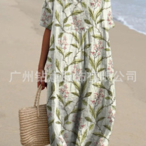 獨立站大寬V領連衣裙 創意水滴圖案印花47寬松女裝短袖連衣裙