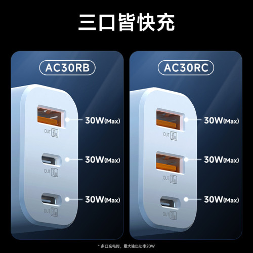 羅馬仕充電頭PD30W三口氮化鎵充電器適用蘋果華爲小米手機快充頭