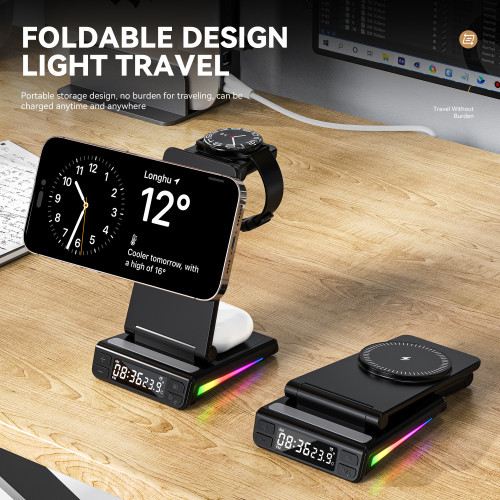 新品三合一無線充電器桌面折曡磁吸時鍾閙鍾RGB燈多合一無線快充