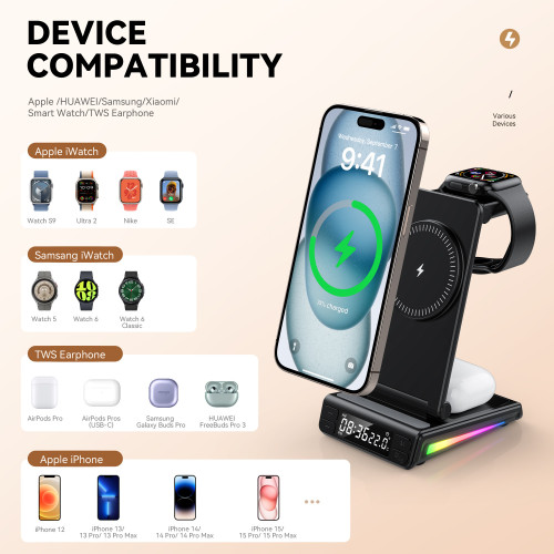 新品三合一無線充電器桌面折曡磁吸時鍾閙鍾RGB燈多合一無線快充