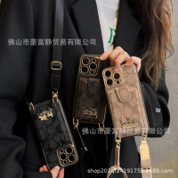 潮牌金屬斜背掛繩卡包適用蘋果15Pro全包皮質14Pro同款13情侶