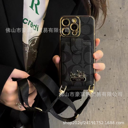 潮牌金屬斜背掛繩卡包適用蘋果15Pro全包皮質14Pro同款13情侶