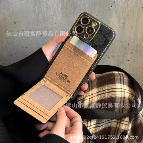 潮牌金屬斜背掛繩卡包適用蘋果15Pro全包皮質14Pro同款13情侶