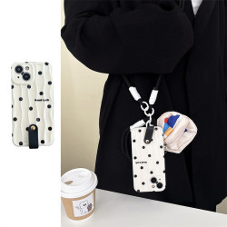 適用於ins黑色波點耳機書包手繩適用iPhone15promax手機殼高顔值.