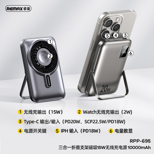remax 三合一磁吸無線充電行動電源 支架10000安培3C快充充電寶