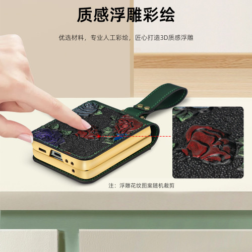 新款適用三星zflip6電鍍防摔手機殼浮雕彩繪腕帶高級保護
