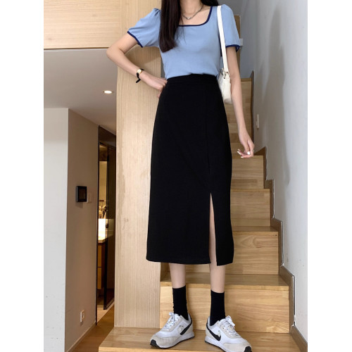 梨形身材黑色西裝半身裙女春夏大碼胖mm高腰顯瘦中長款開叉a字裙