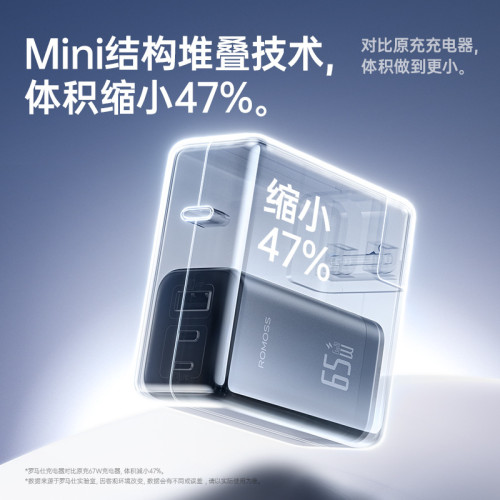 羅馬仕充電頭65W氮化鎵充電器適用華爲蘋果手機快充PD三口充電頭