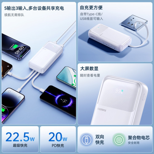 REMAX睿量 可攜式自帶四線超快充電寶 20000安培行動電源 可上飛機