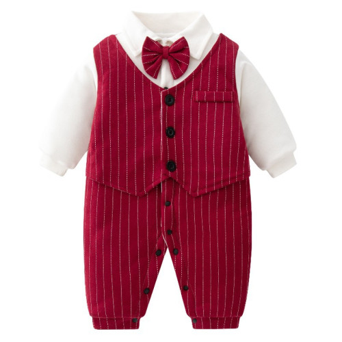 嬰兒滿月服百天日一周嵗禮服男爬服寶寶酒紅紳士連體衣春秋夏季裝