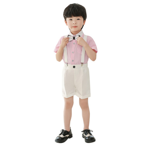 男童馬甲套裝夏短袖背帶褲中大童演出服兒童演講寶寶周嵗花童禮服