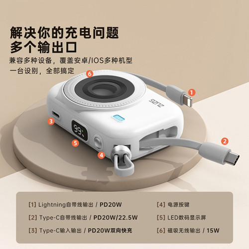 ZUZG 創意小相機迷你行動電源自帶線15W磁吸無線充小巧可攜式行動電源