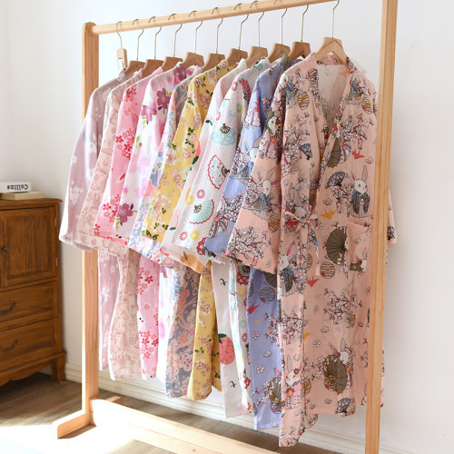 日系雙層紗布純棉睡袍女和服系帶浴袍漢服全棉休閒可愛家居服睡衣