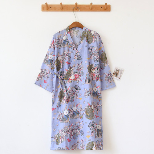 日系雙層紗布純棉睡袍女和服系帶浴袍漢服全棉休閒可愛家居服睡衣