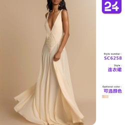 2025夏跨境歐美女裝速賣通氣質時尚簡約鏤空拼接蕾絲吊帶色連衣裙