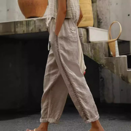 2025春夏 歐美wish新品休閒蕾絲鏤空拼接九分褲女