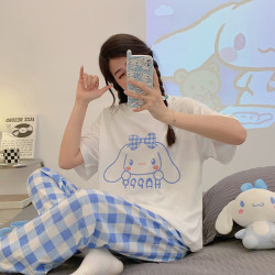 短袖長褲睡衣女針織棉質圓領卡通可愛家居服2024韓版休閒家居服夏