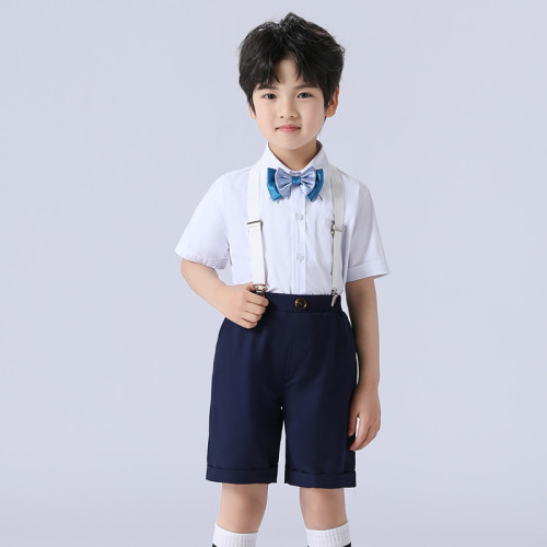 男童短袖襯衫+短褲兩件小西服套裝3-13嵗兒童休閒背帶主持人禮服