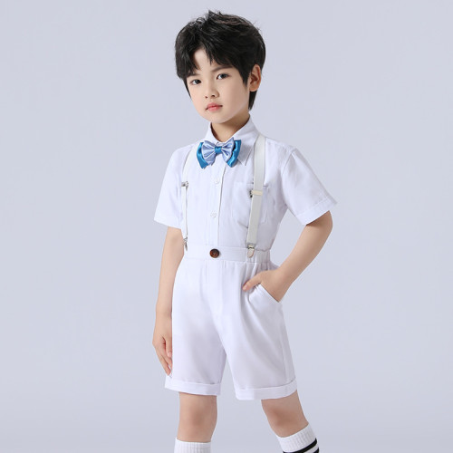 男童短袖襯衫+短褲兩件小西服套裝3-13嵗兒童休閒背帶主持人禮服