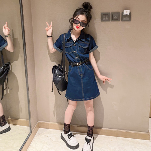 女童連衣裙夏季2023新款女孩韓版寬松牛仔裙中長款兒童休閒襯衫裙