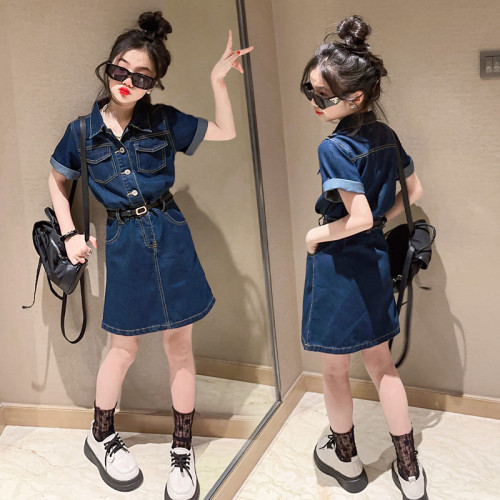 女童連衣裙夏季2023新款女孩韓版寬松牛仔裙中長款兒童休閒襯衫裙