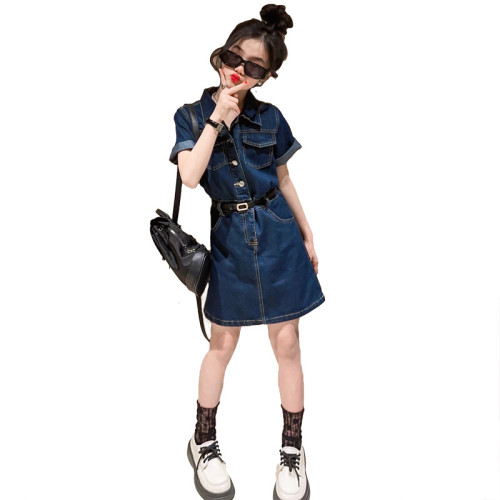 女童連衣裙夏季2023新款女孩韓版寬松牛仔裙中長款兒童休閒襯衫裙