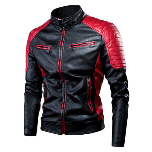跨境外貿皮衣插色立領PU皮機車服外套春秋季薄款休閒皮夾克男ebay