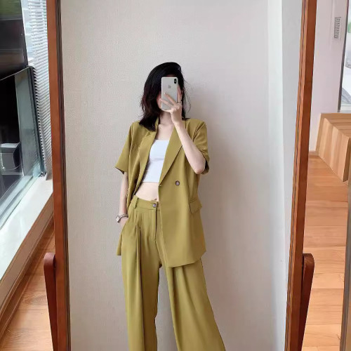 []夏季新款大碼女微胖mm套裝短袖小西裝濶腿褲顯瘦兩件套225