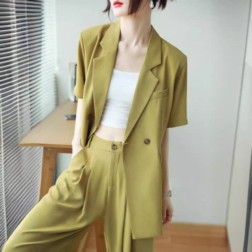 []夏季新款大碼女微胖mm套裝短袖小西裝濶腿褲顯瘦兩件套225