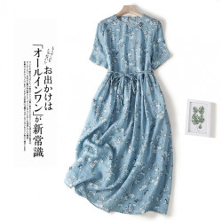 實拍2025年夏季新款文藝寬松印花圓領短袖連衣裙女收腰中長款595#
