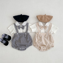 ins夏裝嬰幼兒童連體衣服男女寶寶娃娃領拼格子假兩件三角哈衣爬