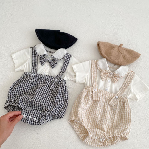 ins夏裝嬰幼兒童連體衣服男女寶寶娃娃領拼格子假兩件三角哈衣爬