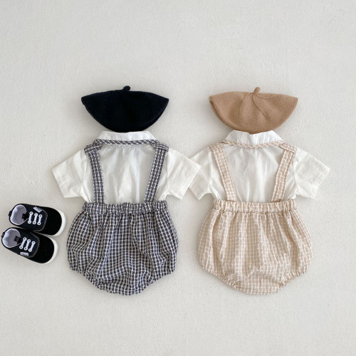 ins夏裝嬰幼兒童連體衣服男女寶寶娃娃領拼格子假兩件三角哈衣爬