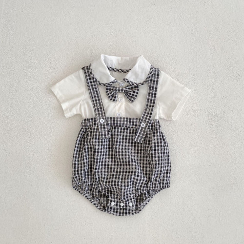 ins夏裝嬰幼兒童連體衣服男女寶寶娃娃領拼格子假兩件三角哈衣爬