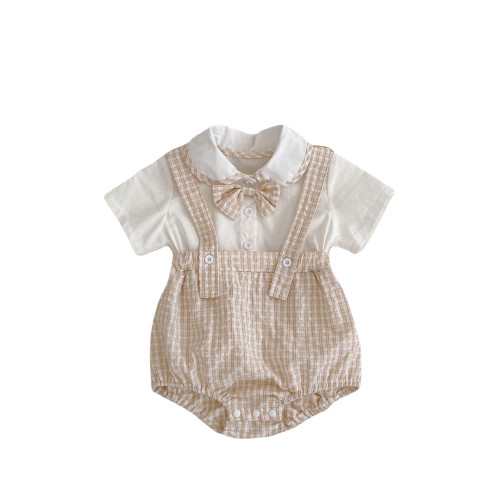 ins夏裝嬰幼兒童連體衣服男女寶寶娃娃領拼格子假兩件三角哈衣爬