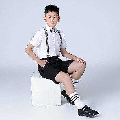 男童禮服夏季新款短袖襯衫加肥背帶褲套裝胖版兒童主持演出服