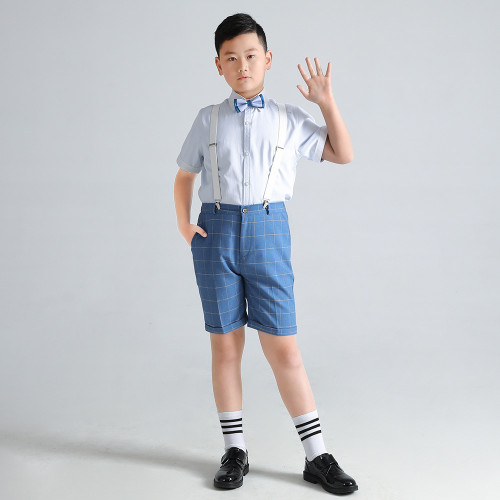 男童禮服夏季新款短袖襯衫加肥背帶褲套裝胖版兒童主持演出服
